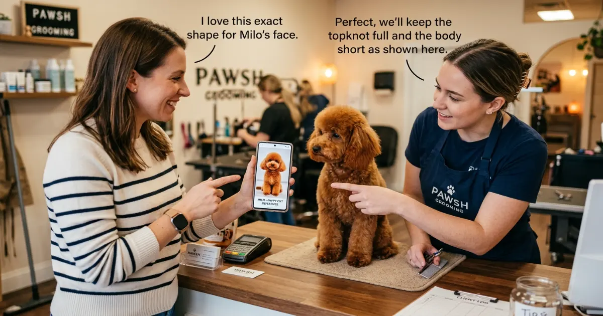 Toy, Miniature, and Standard Poodles side by side all wearing puppy cuts